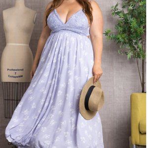 💜 LAVENDER FLORAL SPAGHETTI STRAP PLUNGING V-NECK CUT OUT TIE BACK MAXI DRESS